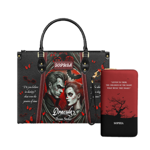 Dracula Bram Stoker Do You Believe In Destiny leather bag and matching zip around wallet