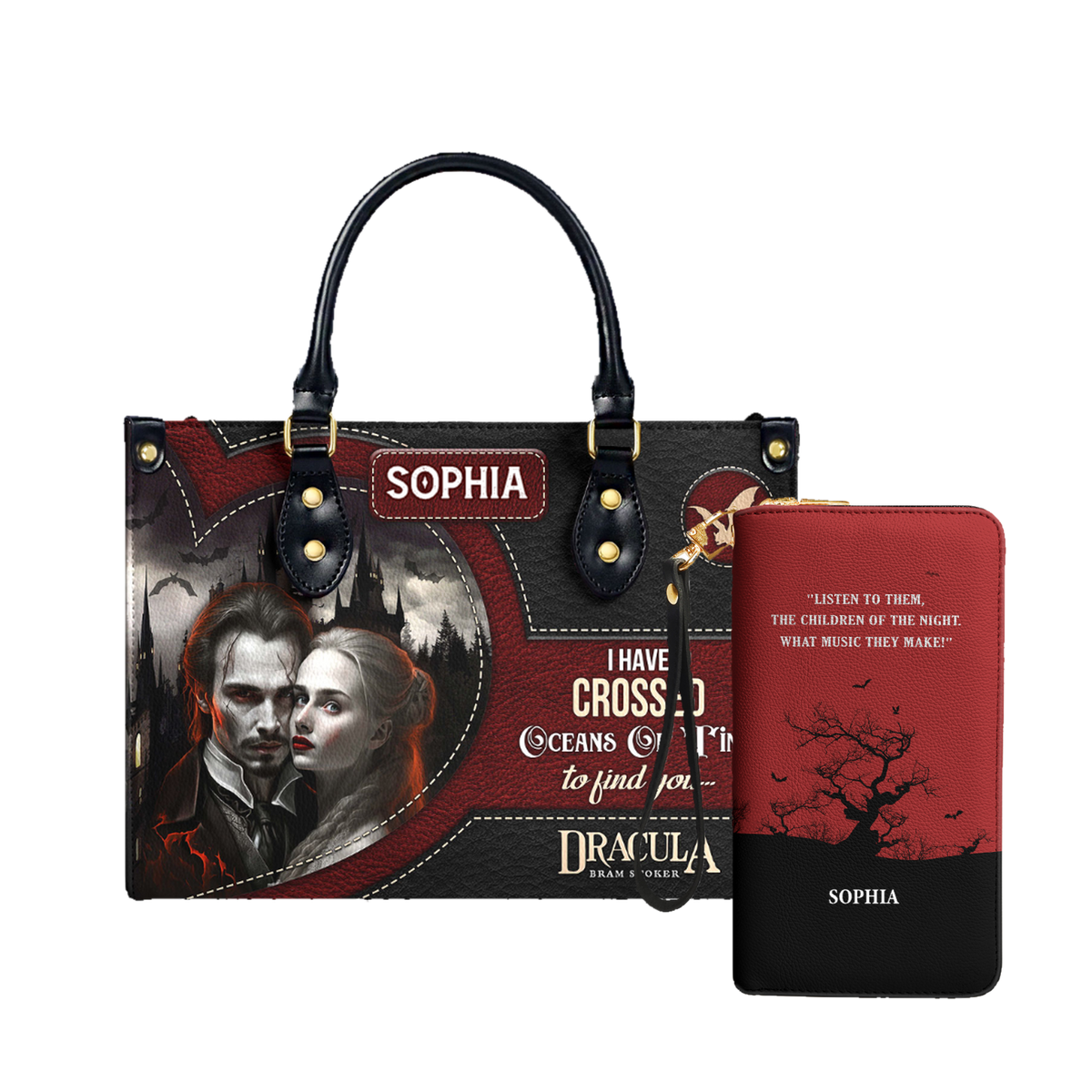 Dracula Bram Stoker I Have Crossed Oceans Of Time To Find You leather bag and matching zip around wallet