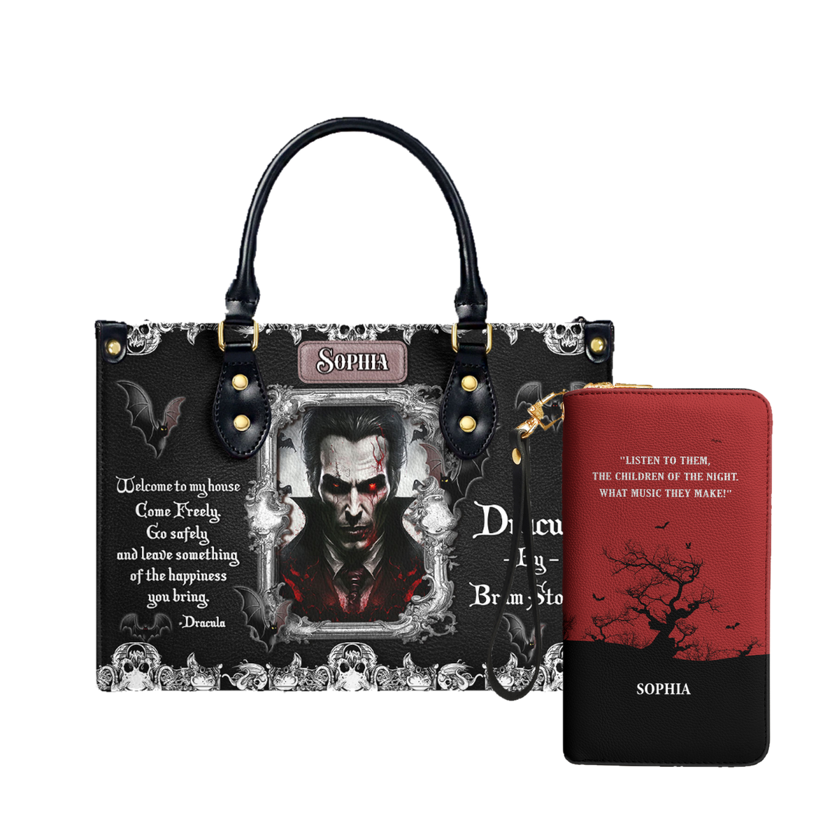 Dracula Bram Stoker Welcome To My House leather bag and matching zip around wallet