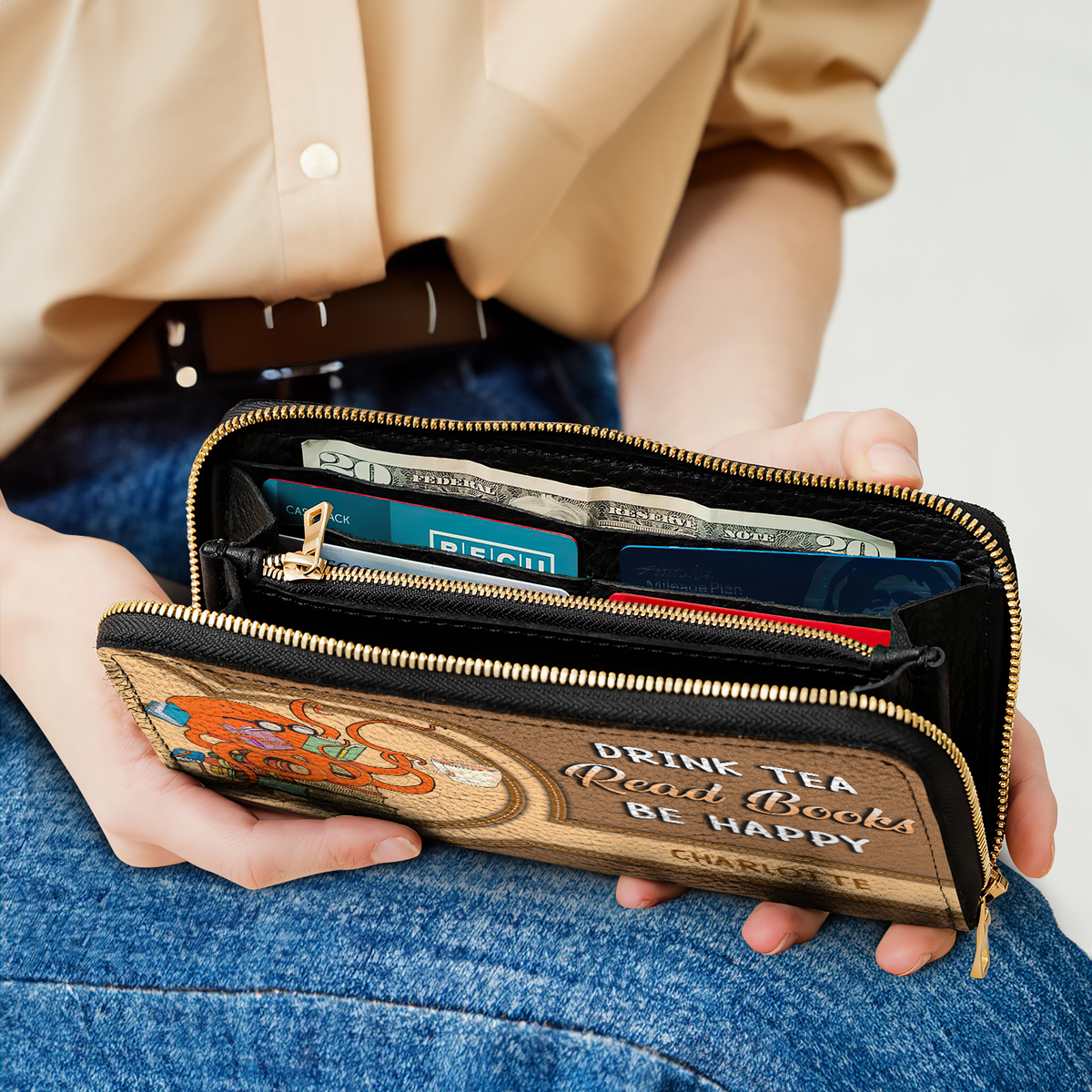 Drink Tea Read Books Be Happy NNRZ02082204XR Zip Around Leather Wallet