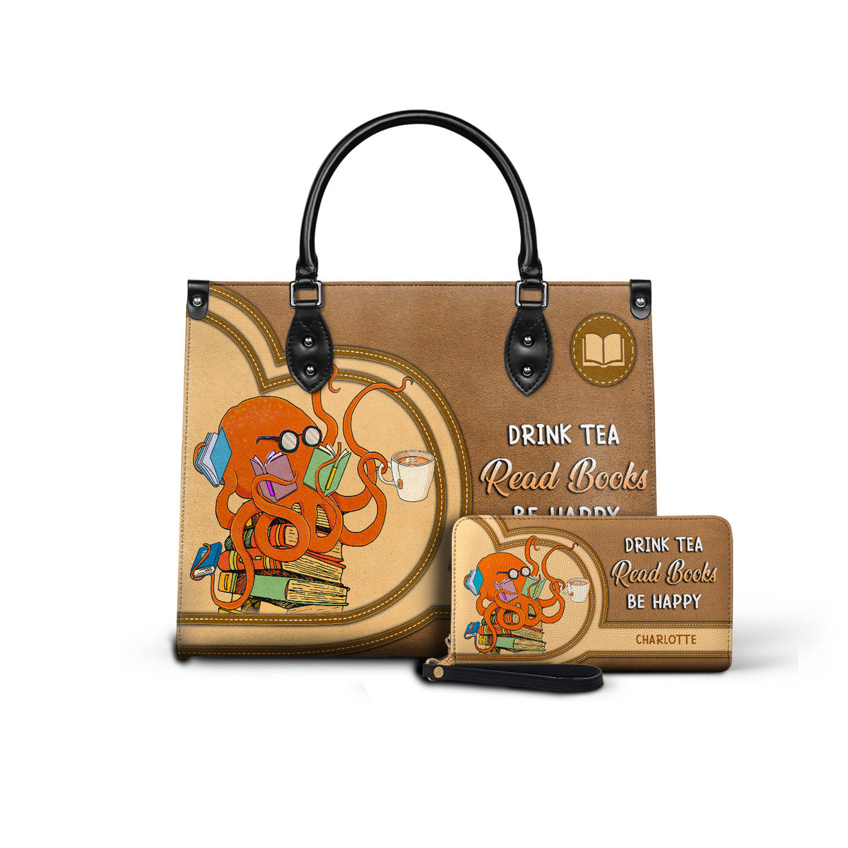 Black Interior -  Drink Tea Read Books Be Happy HHRZ03084199CK Leather Bag