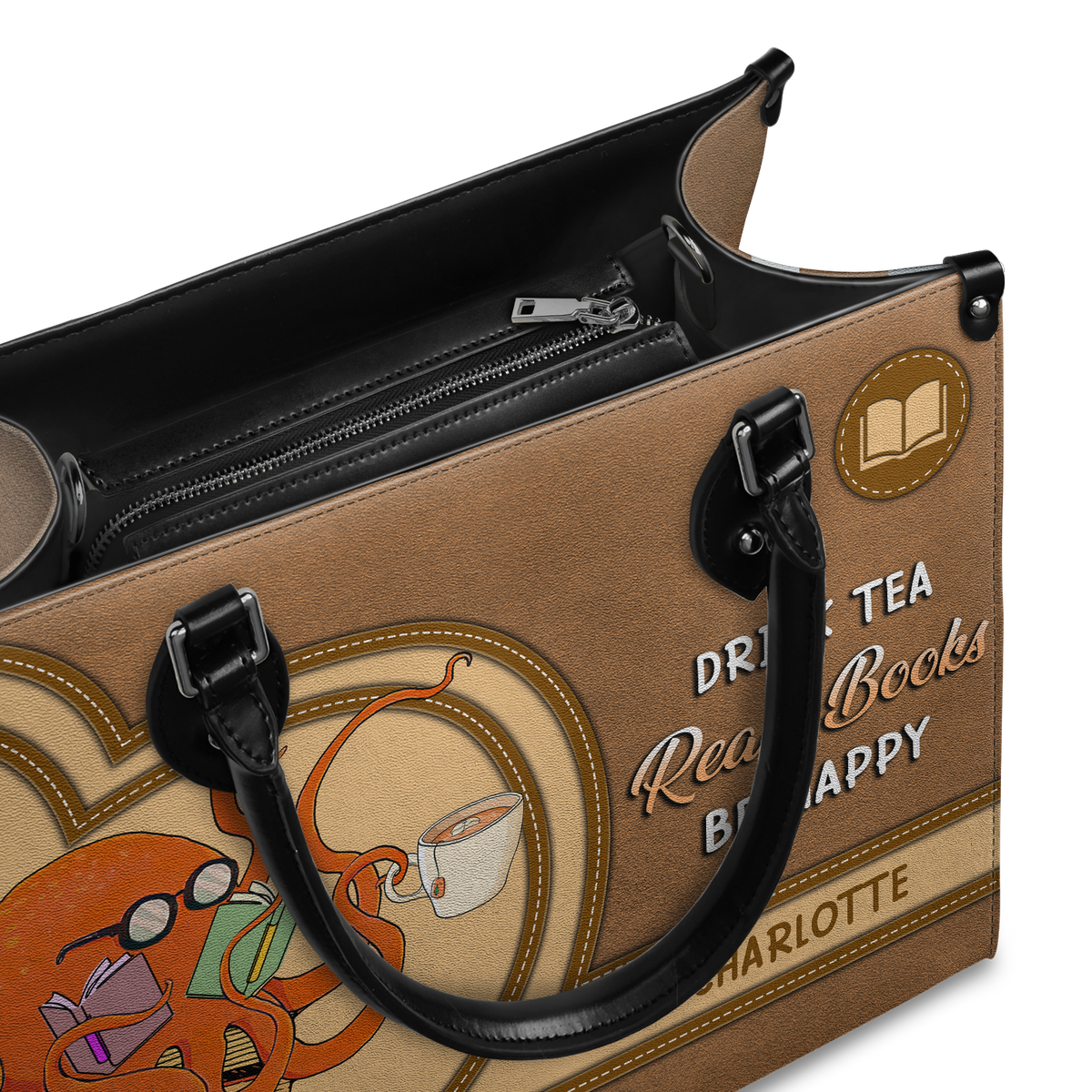 Black Interior -  Drink Tea Read Books Be Happy HHRZ03084199CK Leather Bag