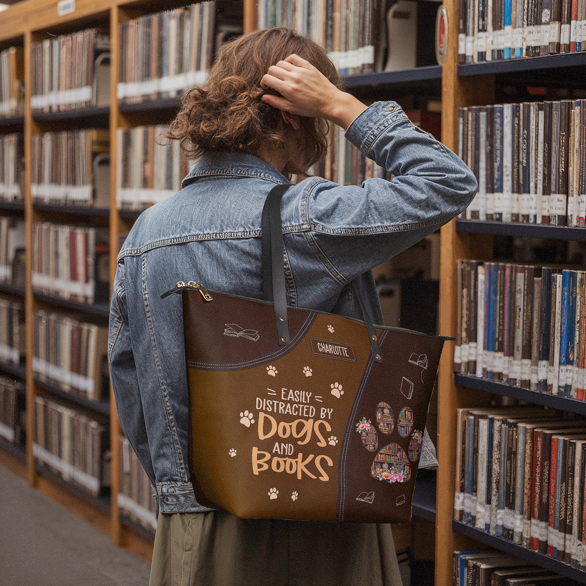 Easily Distracted By Dogs And Books TTRZ28103727GU Leather Tote Bag