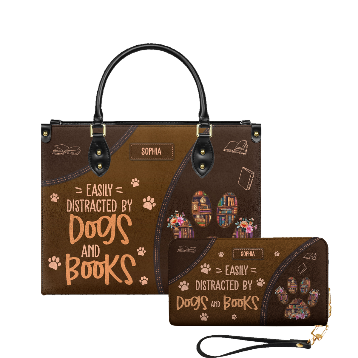 Easily Distracted By Dogs And Books leather bag and matching zip around wallet