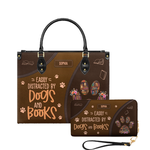 Easily Distracted By Dogs And Books leather bag and matching zip around wallet