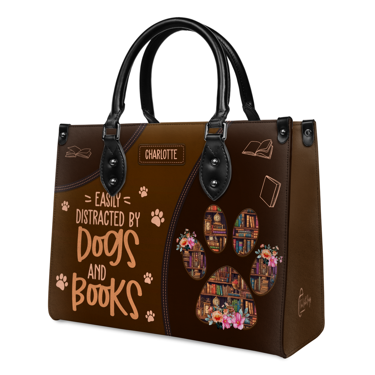 Black Interior -  Easily Distracted By Dogs And Books HHRZ03083521RA Leather Bag