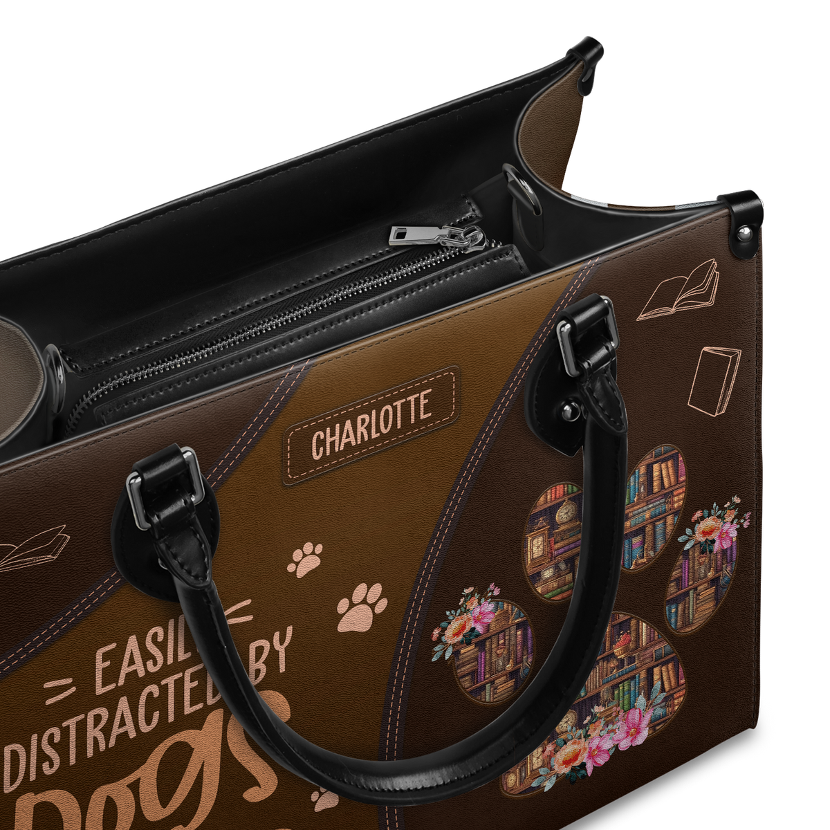 Black Interior -  Easily Distracted By Dogs And Books HHRZ03083521RA Leather Bag