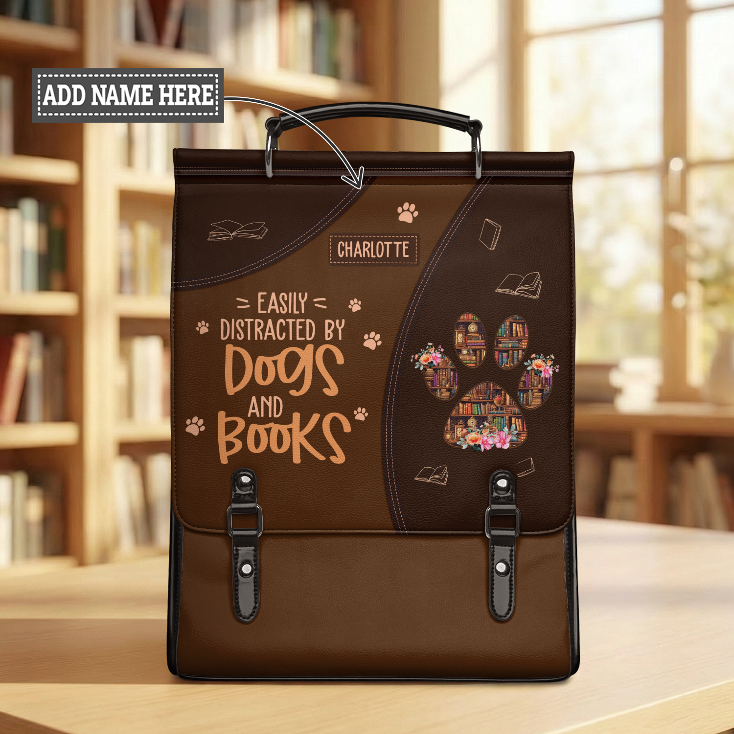 Easily Distracted By Dogs And Books NNRZ12011001BL Leather Backpack