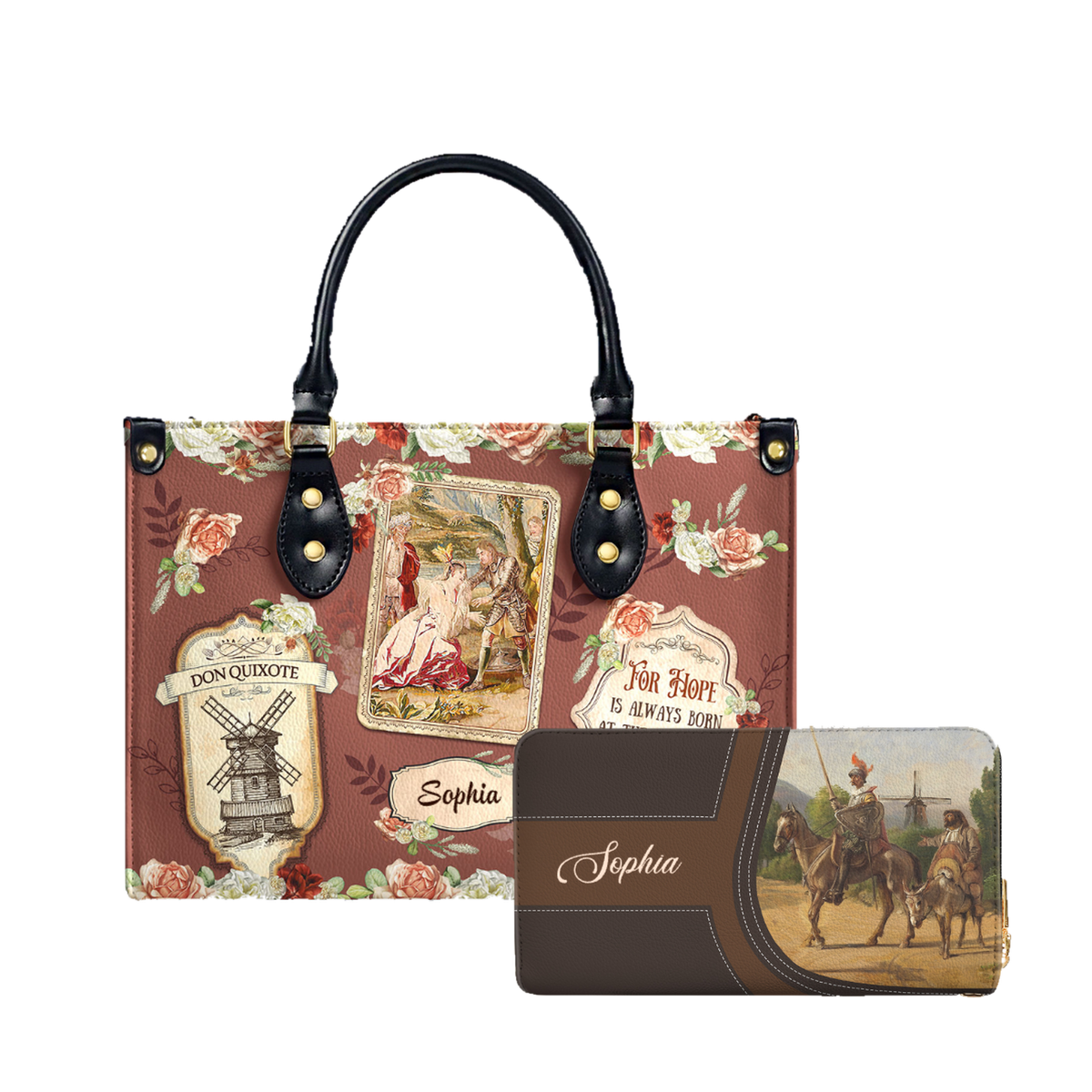 For Hope Is Always Born At The Same Time As Love leather bag and matching zip around wallet