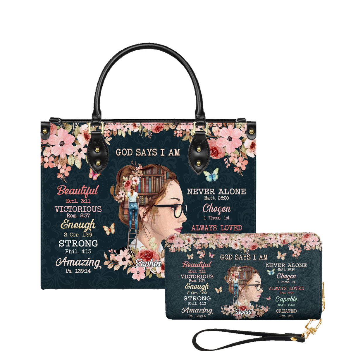 God Says leather bag and matching zip around wallet