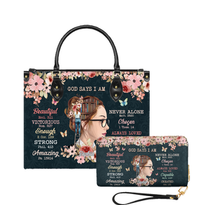 God Says leather bag and matching zip around wallet