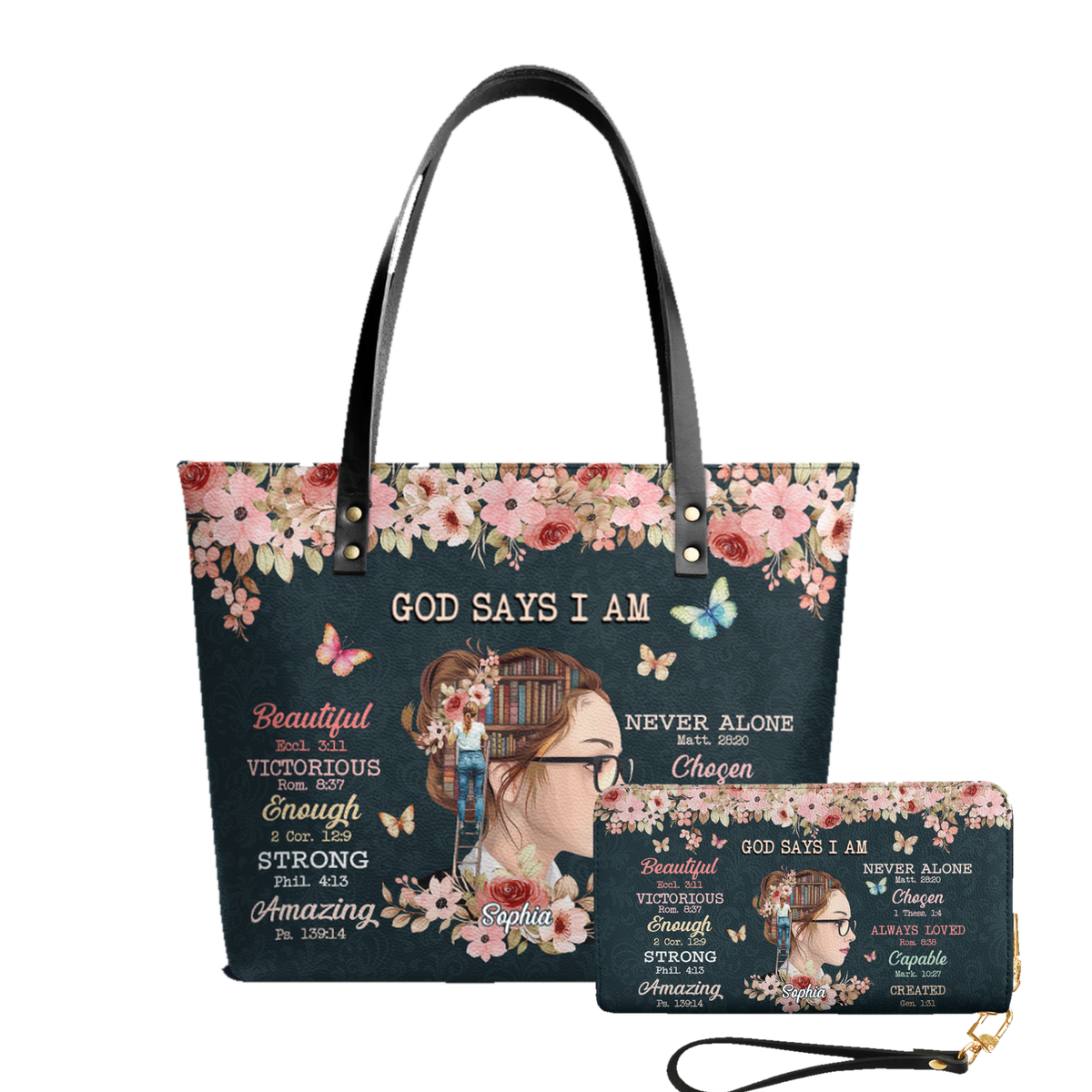 God Says leather tote bag and matching zip around wallet