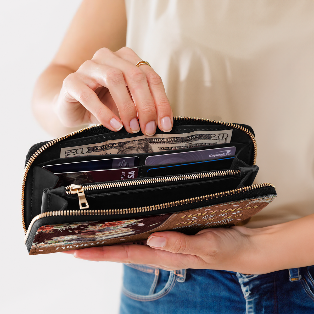 Happiness Is A Cup Of Tea And A Really Good Book NNRZ02087302TU Zip Around Leather Wallet