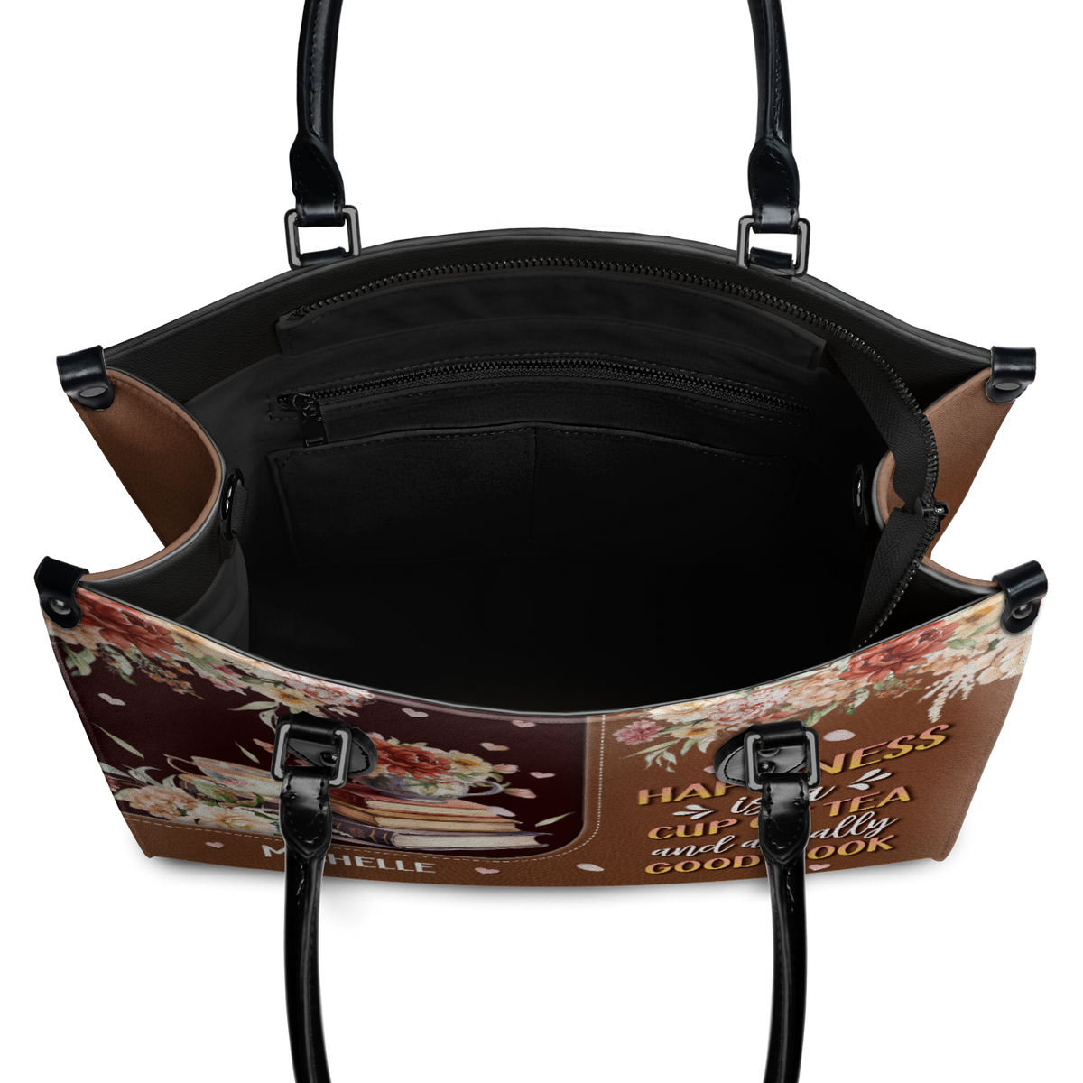 Black Interior -  Happiness Is A Cup Of Tea And A Really Good Book HTRZ20119150MI Leather Bag