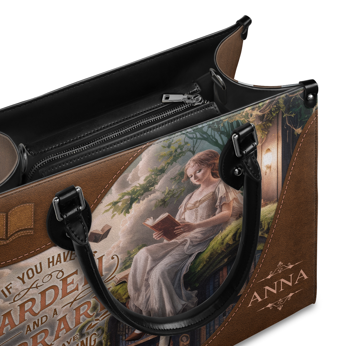 Black Interior -  Custom Quote Literary Haven HTRZ29071015FM Leather Bag