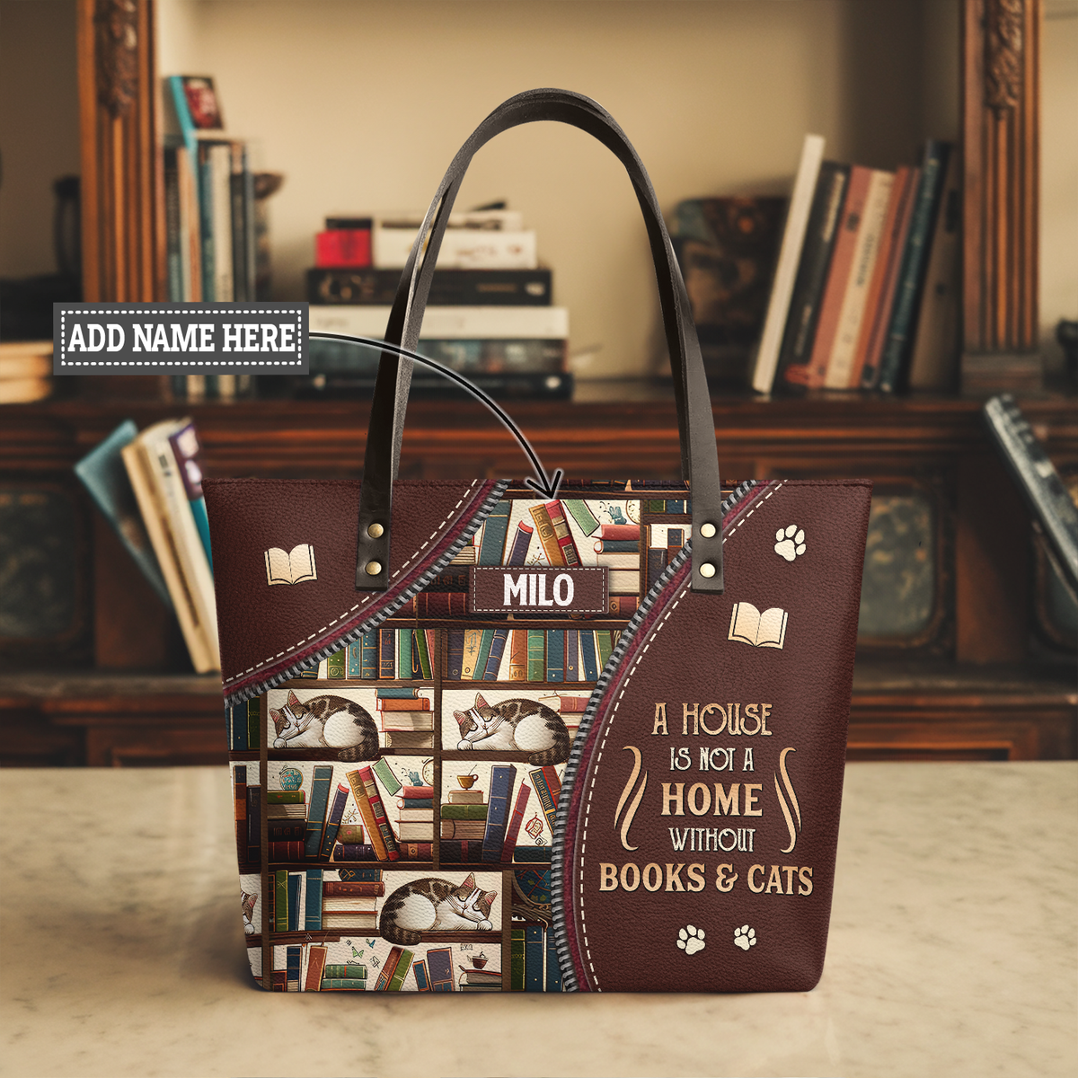 A House Is Not A Home Without Books And Cats TTRZ28109974NK Leather Tote Bag