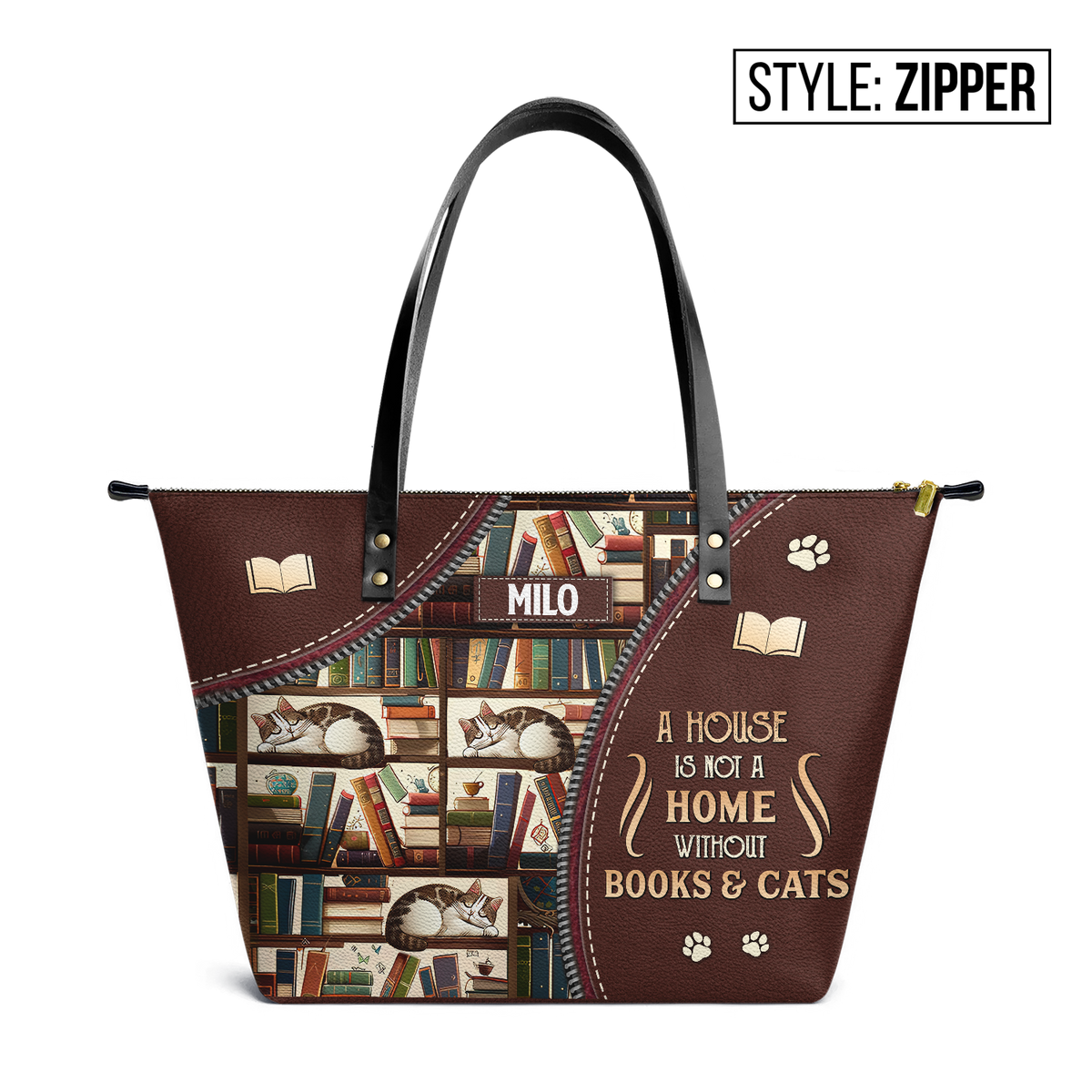A House Is Not A Home Without Books And Cats TTRZ28109974NK Leather Tote Bag
