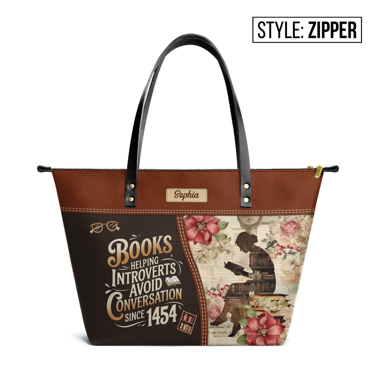 Books Helping Introverts Avoid Conversation Since 1454 TTRZ28103119YR Leather Tote Bag