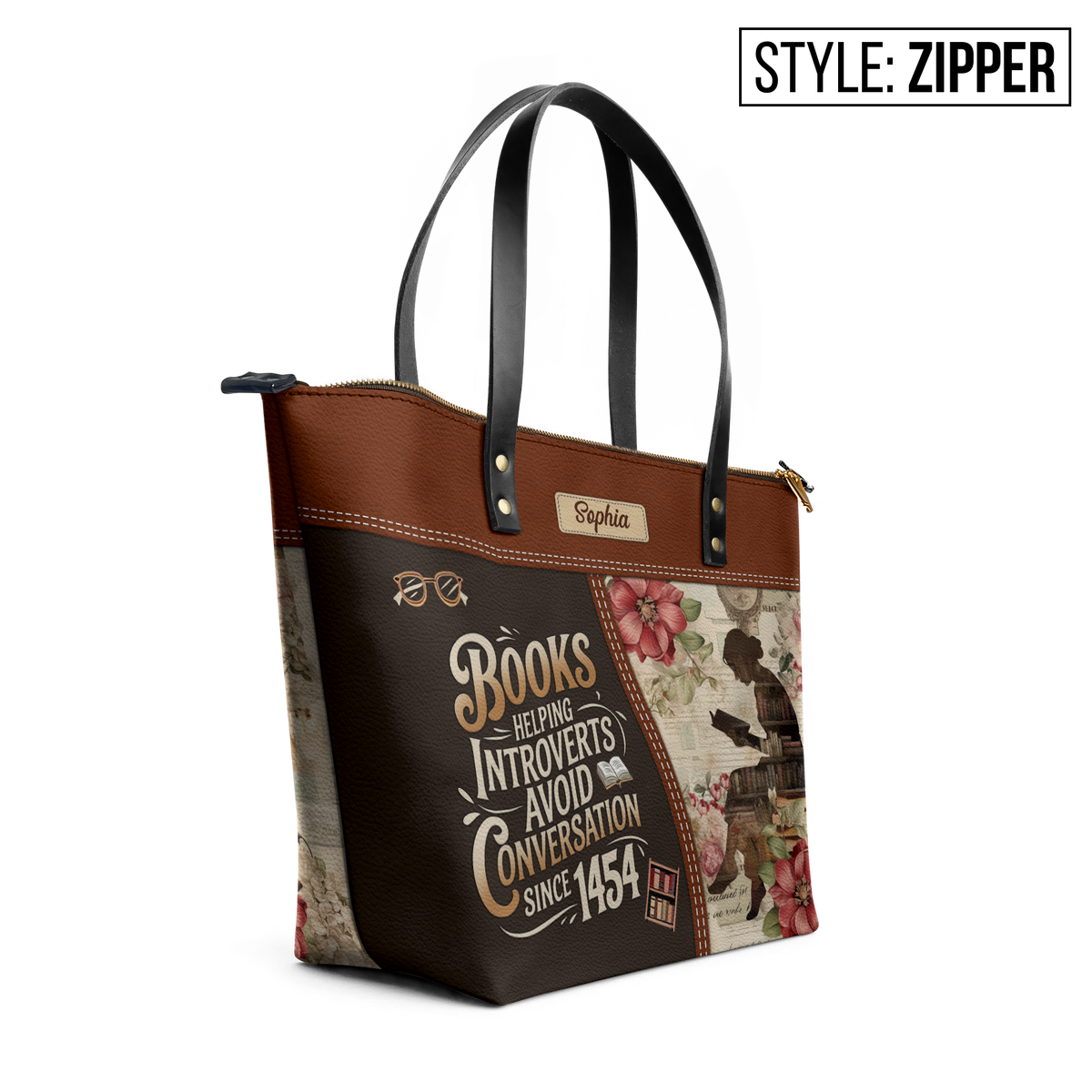 Books Helping Introverts Avoid Conversation Since 1454 TTRZ28103119YR Leather Tote Bag