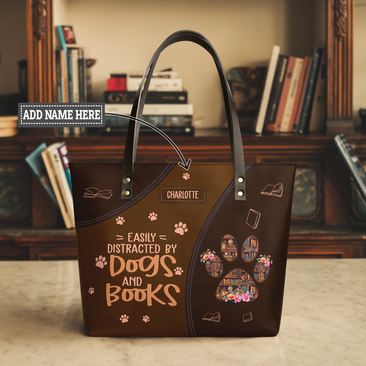 Easily Distracted By Dogs And Books TTRZ28103727GU Leather Tote Bag