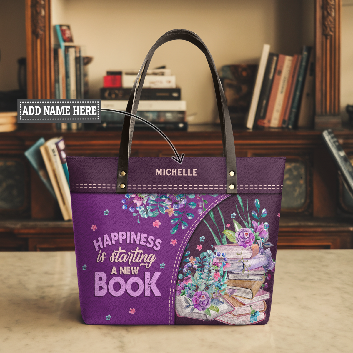 Happiness Is Starting A New Book TTRZ28103219EN Leather Tote Bag