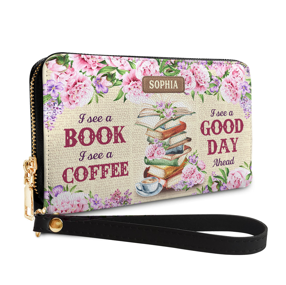 I See A Book I See A Coffee I See A Good Day Ahead NNRZ02089218CM Zip Around Leather Wallet