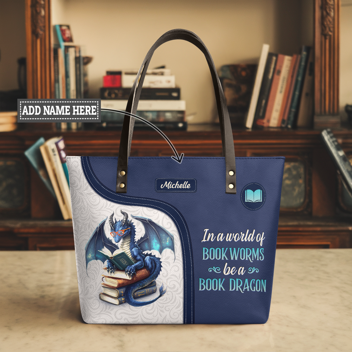 In A World Of Bookworms Be A Book Dragon TTRZ28102596QC Leather Tote Bag