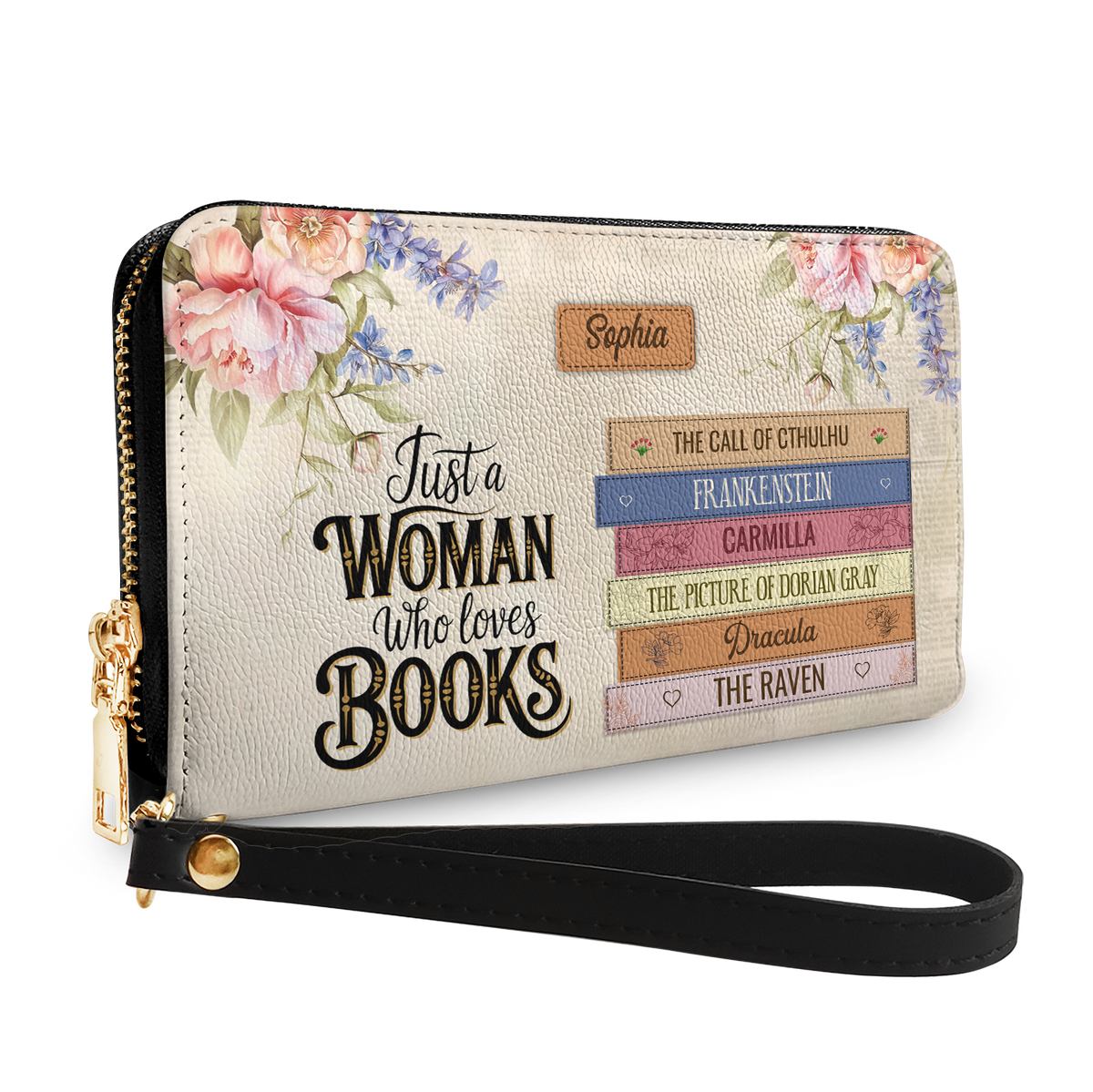 Custom Bookshelf: Just A Woman Who Loves Books HHRZ29109098SN Zip Around Leather Wallet