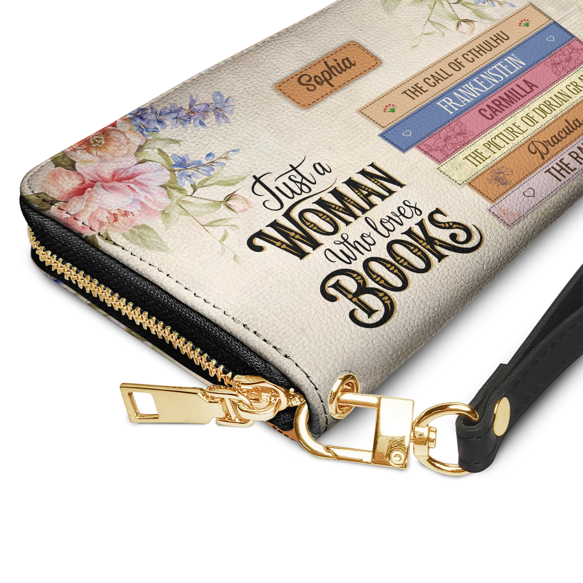 Custom Bookshelf: Just A Woman Who Loves Books HHRZ29109098SN Zip Around Leather Wallet