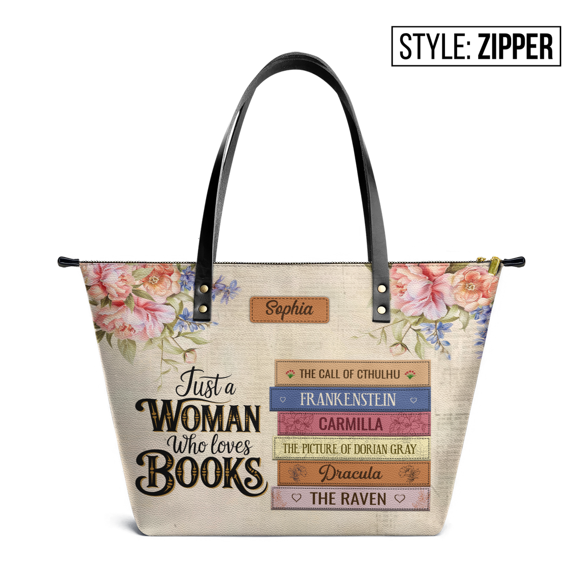 Custom Bookshelf: Just A Woman Who Loves Books HHRZ30106268VR Leather Tote Bag