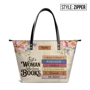 Custom Bookshelf: Just A Woman Who Loves Books HHRZ30106268VR Leather Tote Bag