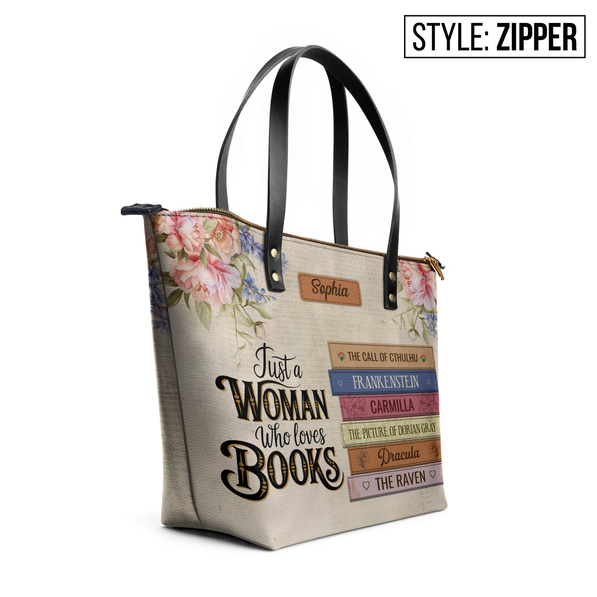 Custom Bookshelf: Just A Woman Who Loves Books HHRZ30106268VR Leather Tote Bag