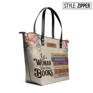 Custom Bookshelf: Just A Woman Who Loves Books HHRZ30106268VR Leather Tote Bag