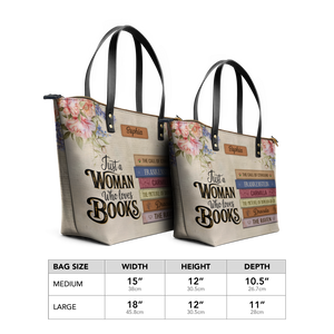 Custom Bookshelf: Just A Woman Who Loves Books HHRZ30106268VR Leather Tote Bag