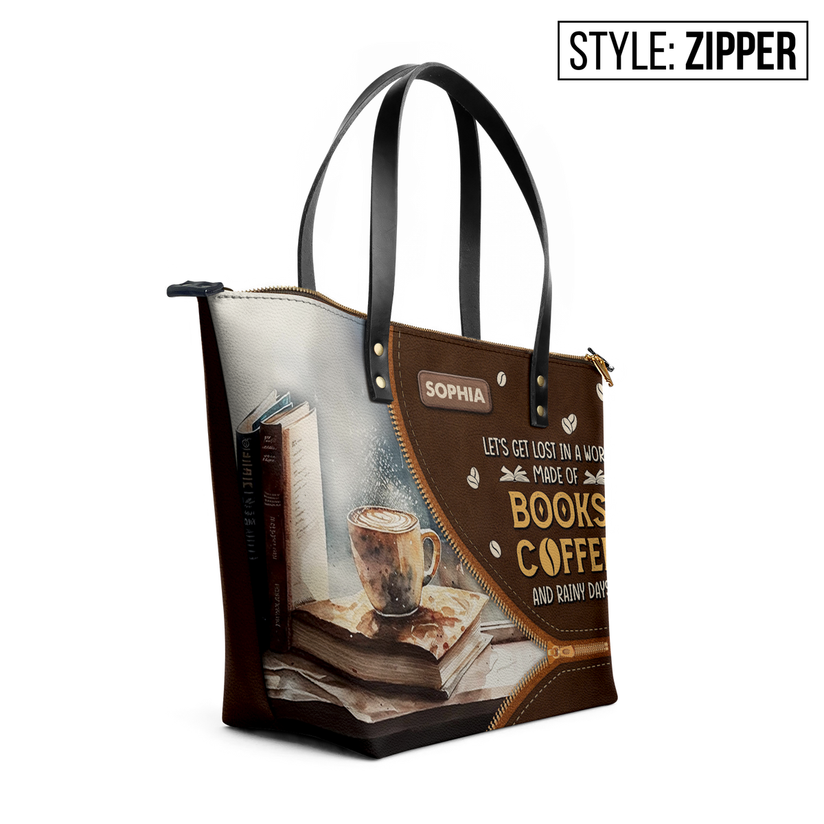 Lets Get Lost In A World Made Of Books Coffee And Rainy Days TTRZ28106061FW Leather Tote Bag