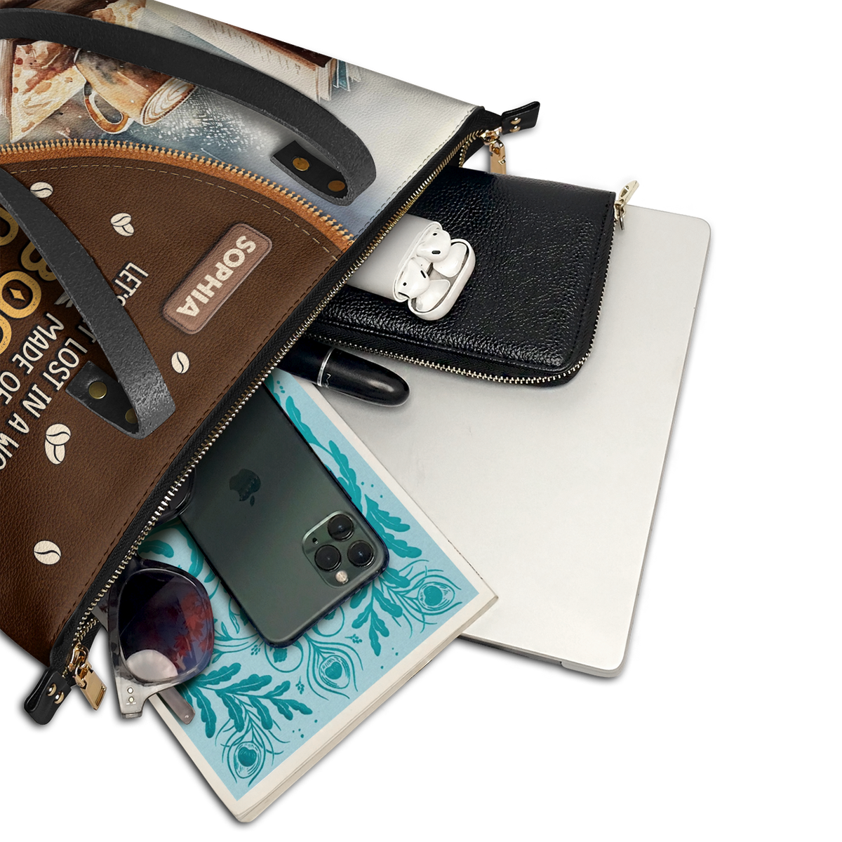 Lets Get Lost In A World Made Of Books Coffee And Rainy Days TTRZ28106061FW Leather Tote Bag