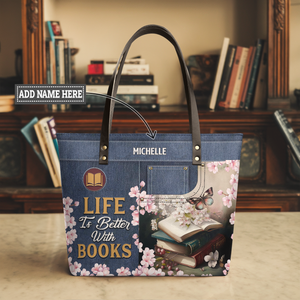 Life Is Better With Books TTRZ28103053XN Leather Tote Bag