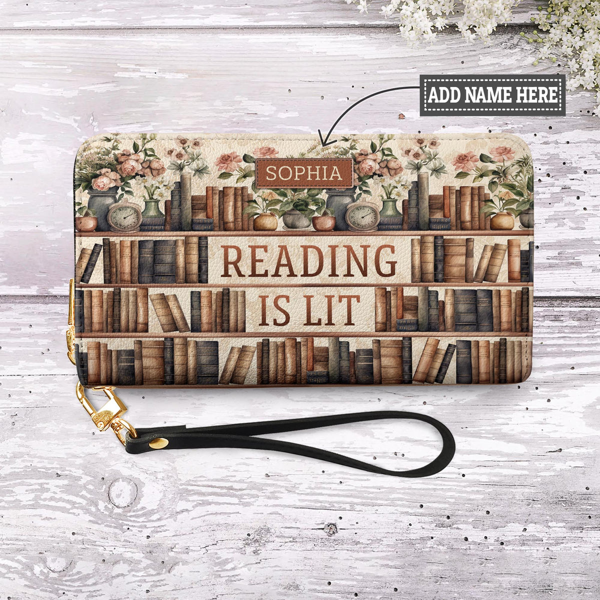 Reading Is Lit Bookshelf Flower NNRZ05085365TW Zip Around Leather Wallet
