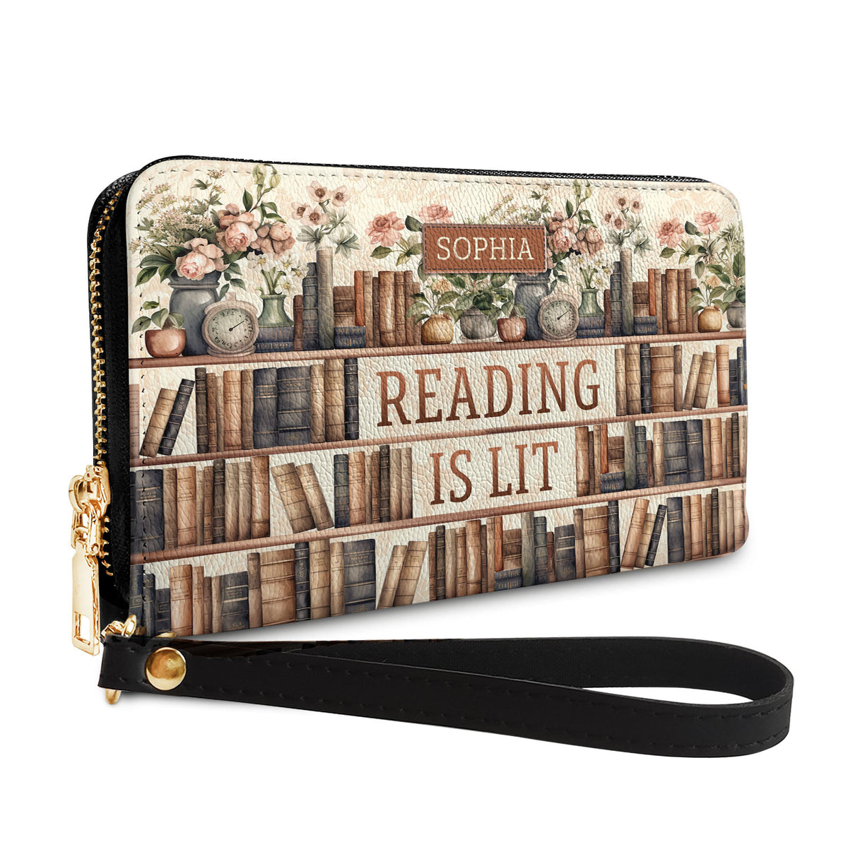 Reading Is Lit Bookshelf Flower NNRZ05085365TW Zip Around Leather Wallet