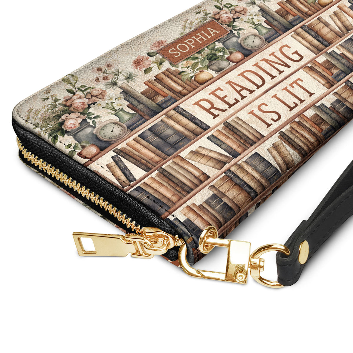 Reading Is Lit Bookshelf Flower NNRZ05085365TW Zip Around Leather Wallet