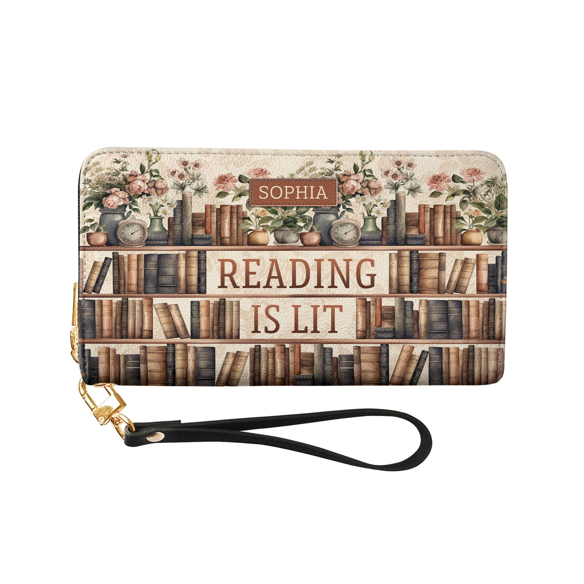 Reading Is Lit Bookshelf Flower NNRZ05085365TW Zip Around Leather Wallet