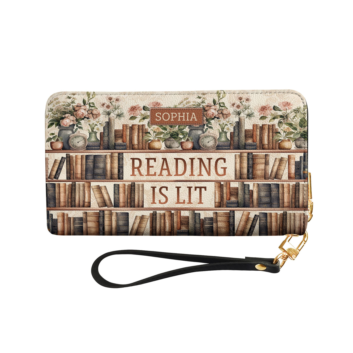 Reading Is Lit Bookshelf Flower NNRZ05085365TW Zip Around Leather Wallet