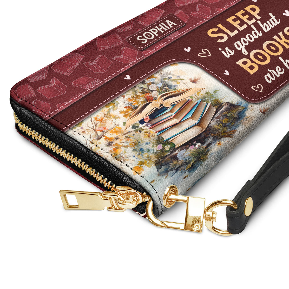 Sleep Is Good But Books Are Better NNRZ05085802PT Zip Around Leather Wallet