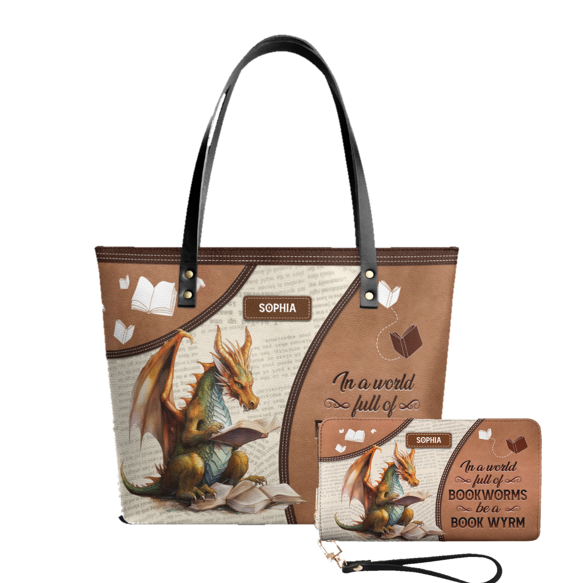 In A World Full Of Bookworms Be A Book Wyrm leather tote bag and matching zip around wallet