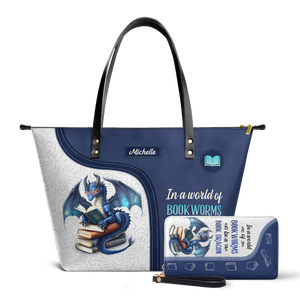 In A World Of Bookworms Be A Book Dragon TTRZ28102596QC Leather Tote Bag