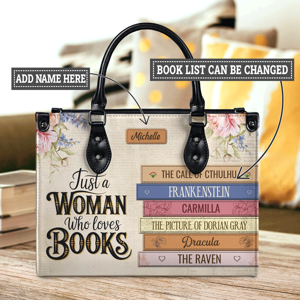Black Interior -  Custom Bookshelf: Just A Woman Who Loves Books HHRZ26106015NK Leather Bag
