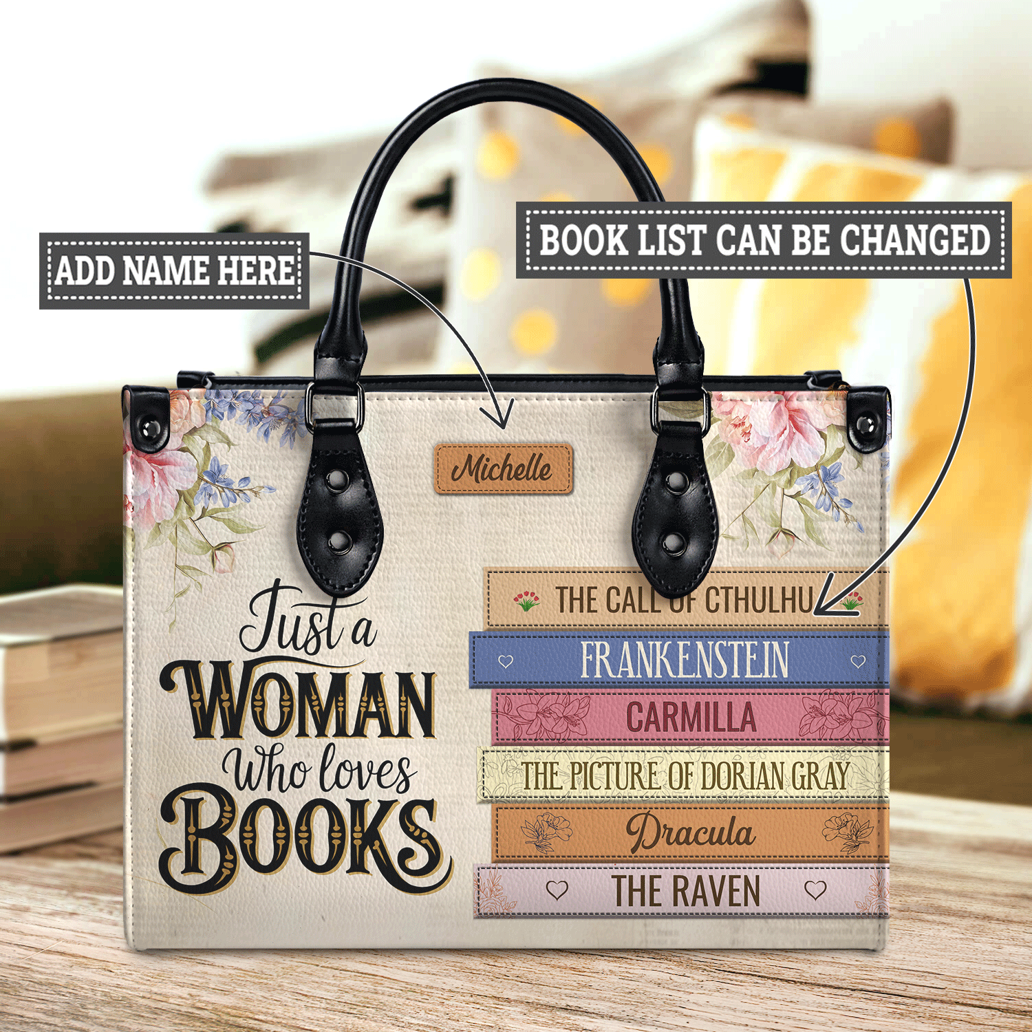 Black Interior -  Custom Bookshelf: Just A Woman Who Loves Books HHRZ26106015NK Leather Bag
