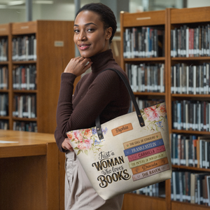 Custom Bookshelf: Just A Woman Who Loves Books HHRZ30106268VR Leather Tote Bag