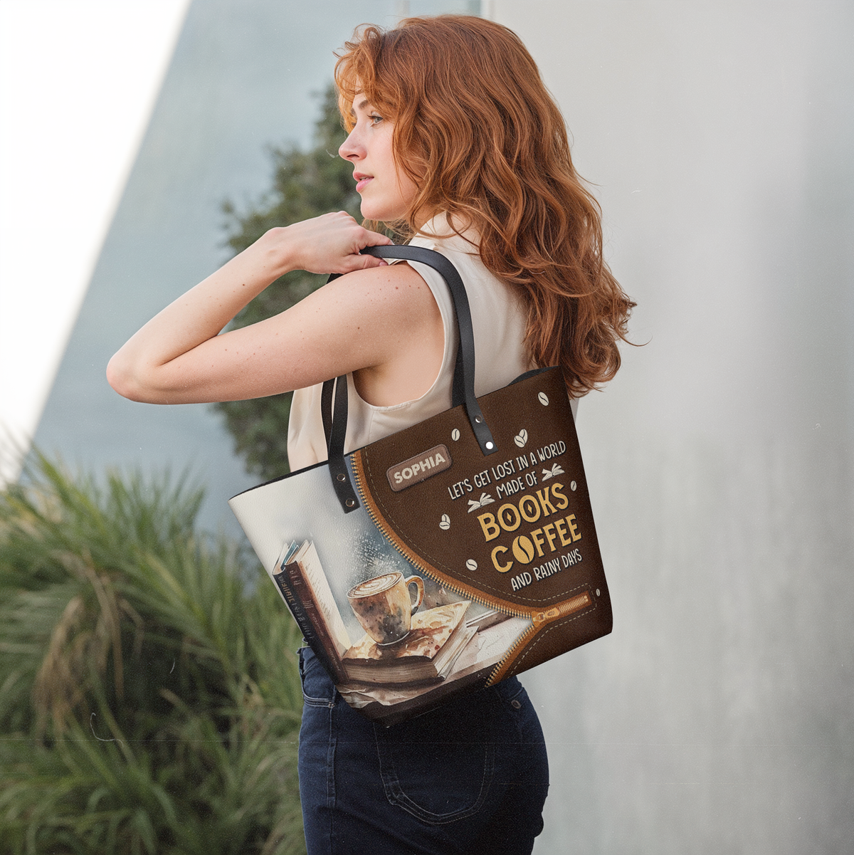 Lets Get Lost In A World Made Of Books Coffee And Rainy Days TTRZ28106061FW Leather Tote Bag