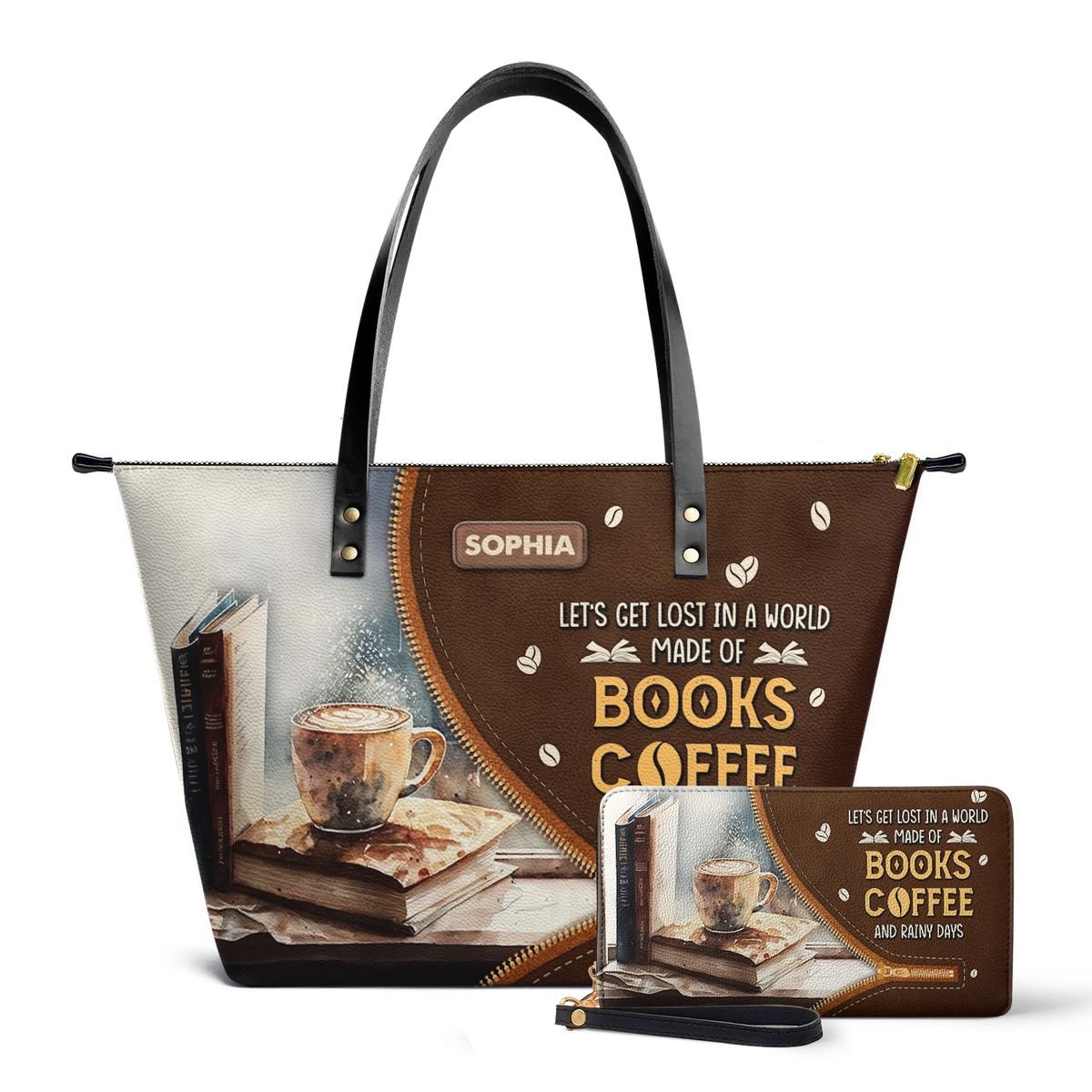 Lets Get Lost In A World Made Of Books Coffee And Rainy Days TTRZ28106061FW Leather Tote Bag